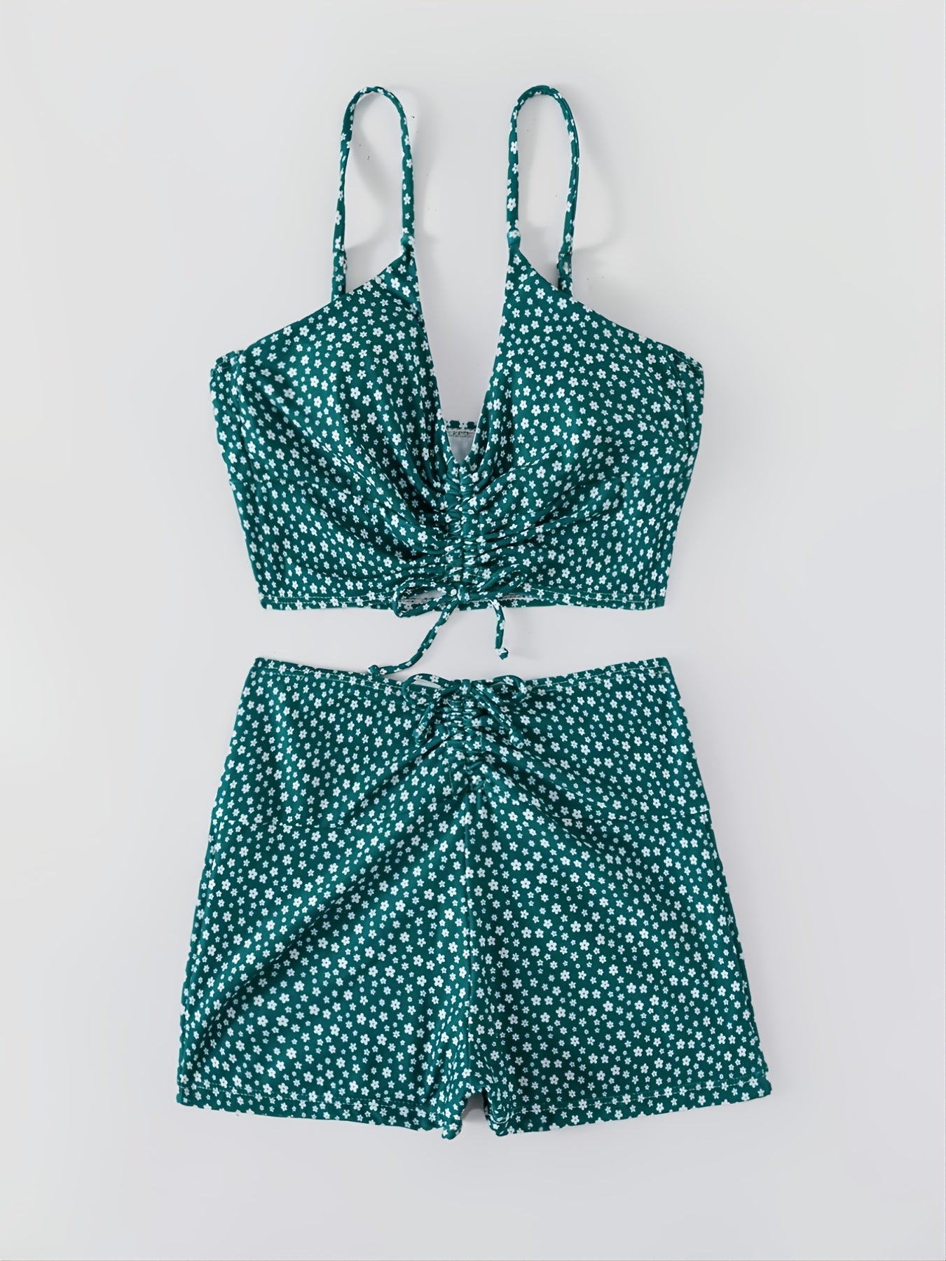 Ditsy Floral Print High Waist Bikini Set High Stretch Drawstring Swimsuit Sets