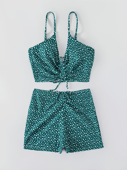 Ditsy Floral Print High Waist Bikini Set High Stretch Drawstring Swimsuit Sets