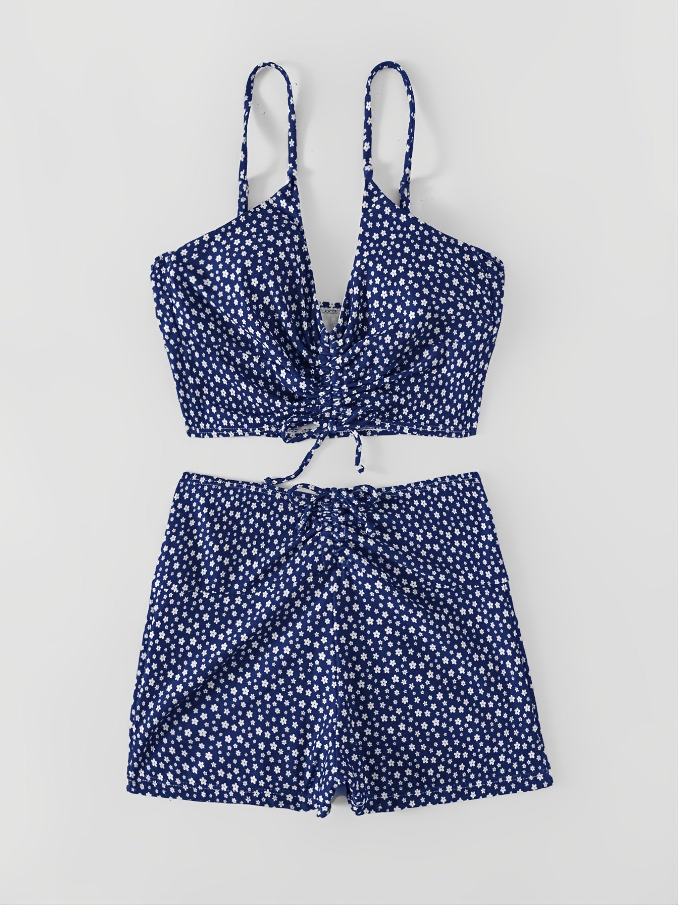 Ditsy Floral Print High Waist Bikini Set High Stretch Drawstring Swimsuit Sets