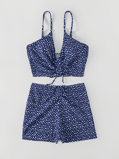 Ditsy Floral Print High Waist Bikini Set High Stretch Drawstring Swimsuit Sets