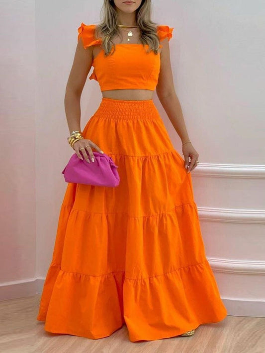 Women's Two-piece Set Casual Solid Tight Top & Swing Skirt