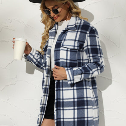 Women's Buffalo Plaid Trench Coats Thick Long Sleeve Button Down Flannel Jacket Lapel Peacoat