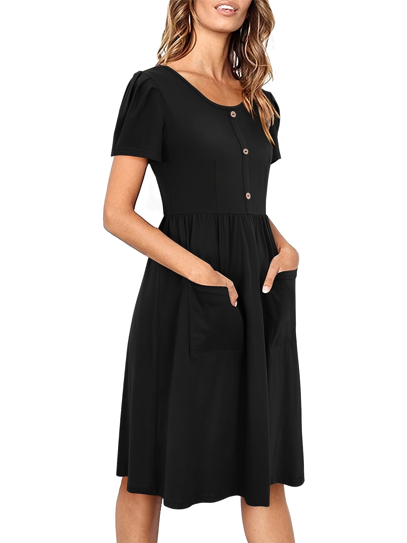 Solid Crew Neck Short Sleeve Fake Buttons Casual High Waist Ruffled Hem Midi Dress