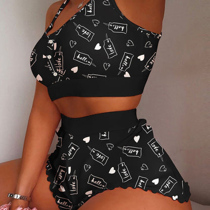 Women's Sleepwear Two-piece Cami Top Shorts Lettuce Trim Pajama Set