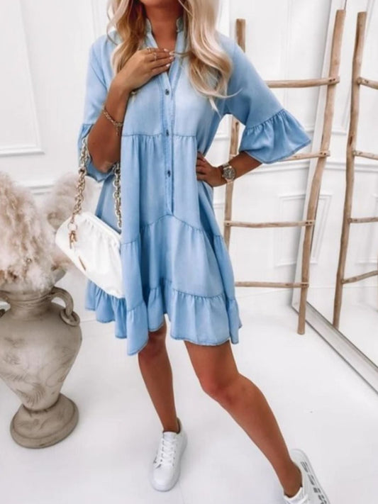 A-Line Midi Denim Dress Ruffled Hem Denim Skirt Casual Loose Dress