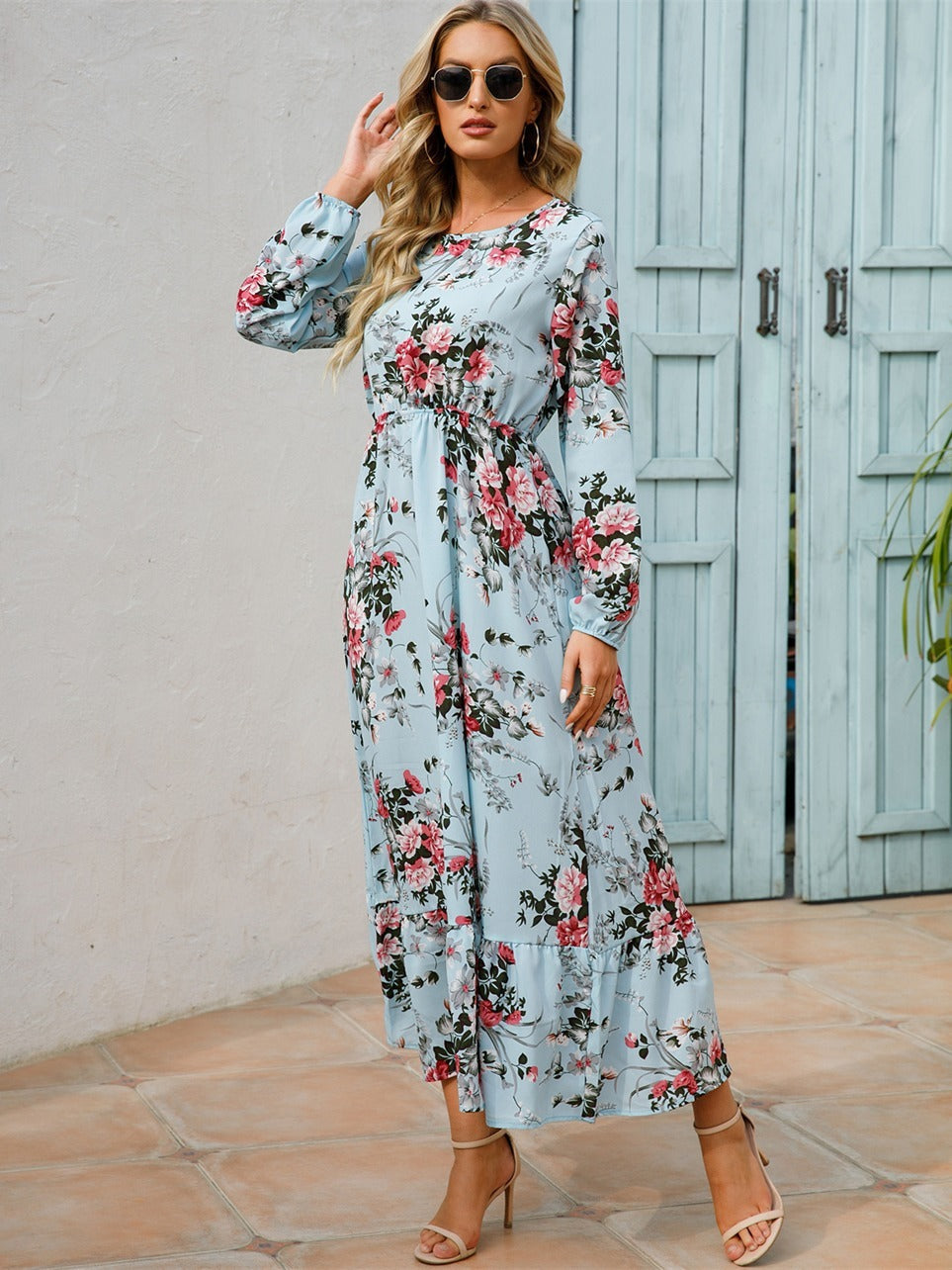 Floral Long Sleeve Maxi Long Sleeve Loose Crew Neck Casual Dresses For Spring Summer