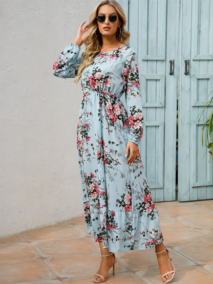 Floral Long Sleeve Maxi Long Sleeve Loose Crew Neck Casual Dresses For Spring Summer