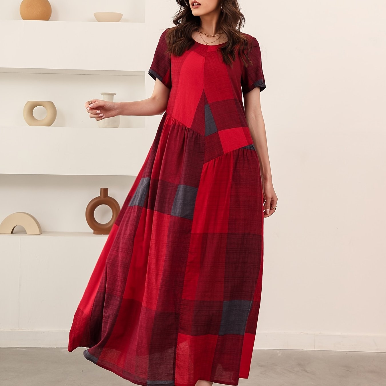 Loose Color Block Crew Neck Short Sleeve Vacation Casual Every Day Dress