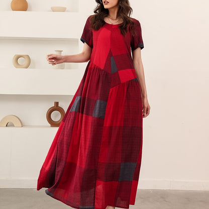 Loose Color Block Crew Neck Short Sleeve Vacation Casual Every Day Dress