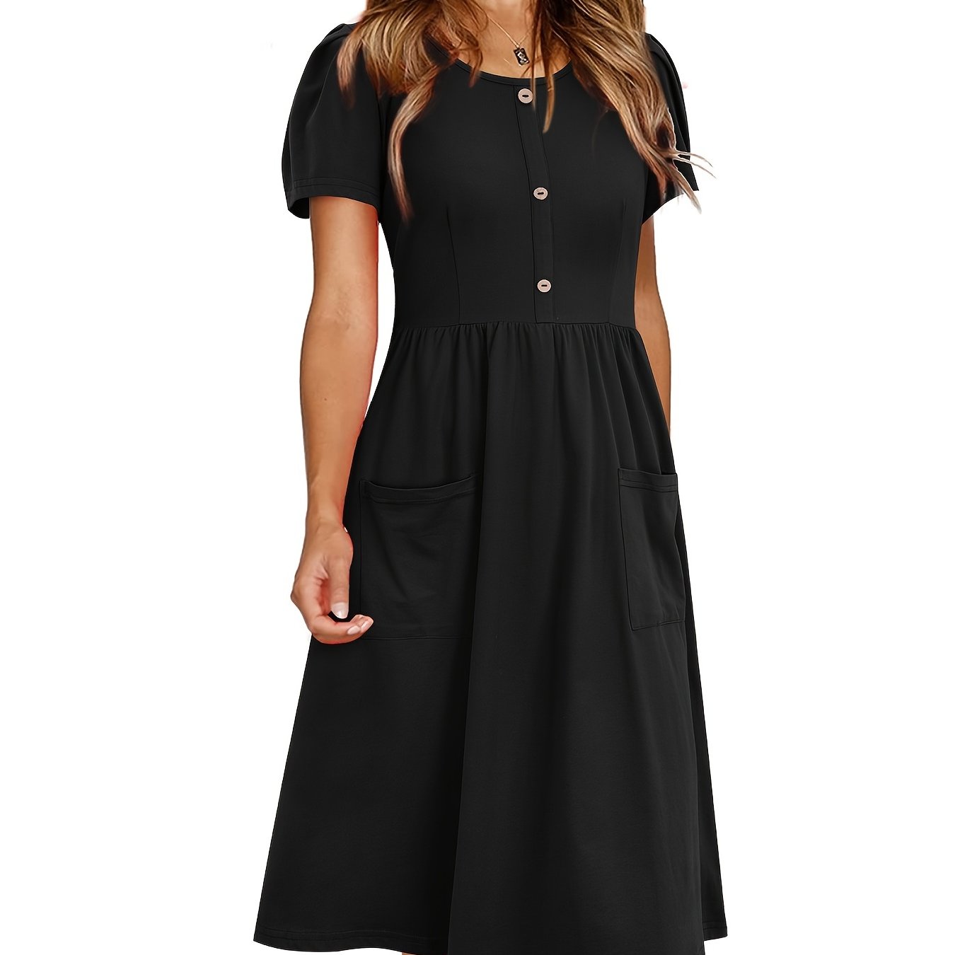 Solid Crew Neck Short Sleeve Fake Buttons Casual High Waist Ruffled Hem Midi Dress