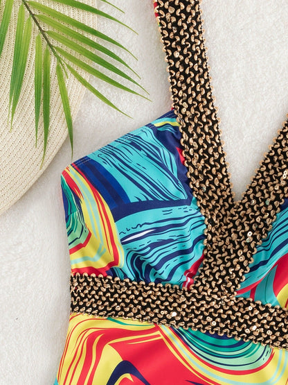 Colorful Fluid Print One Piece Swimsuit Golden Stitching Crochet Trim Deep V Bathing Suit