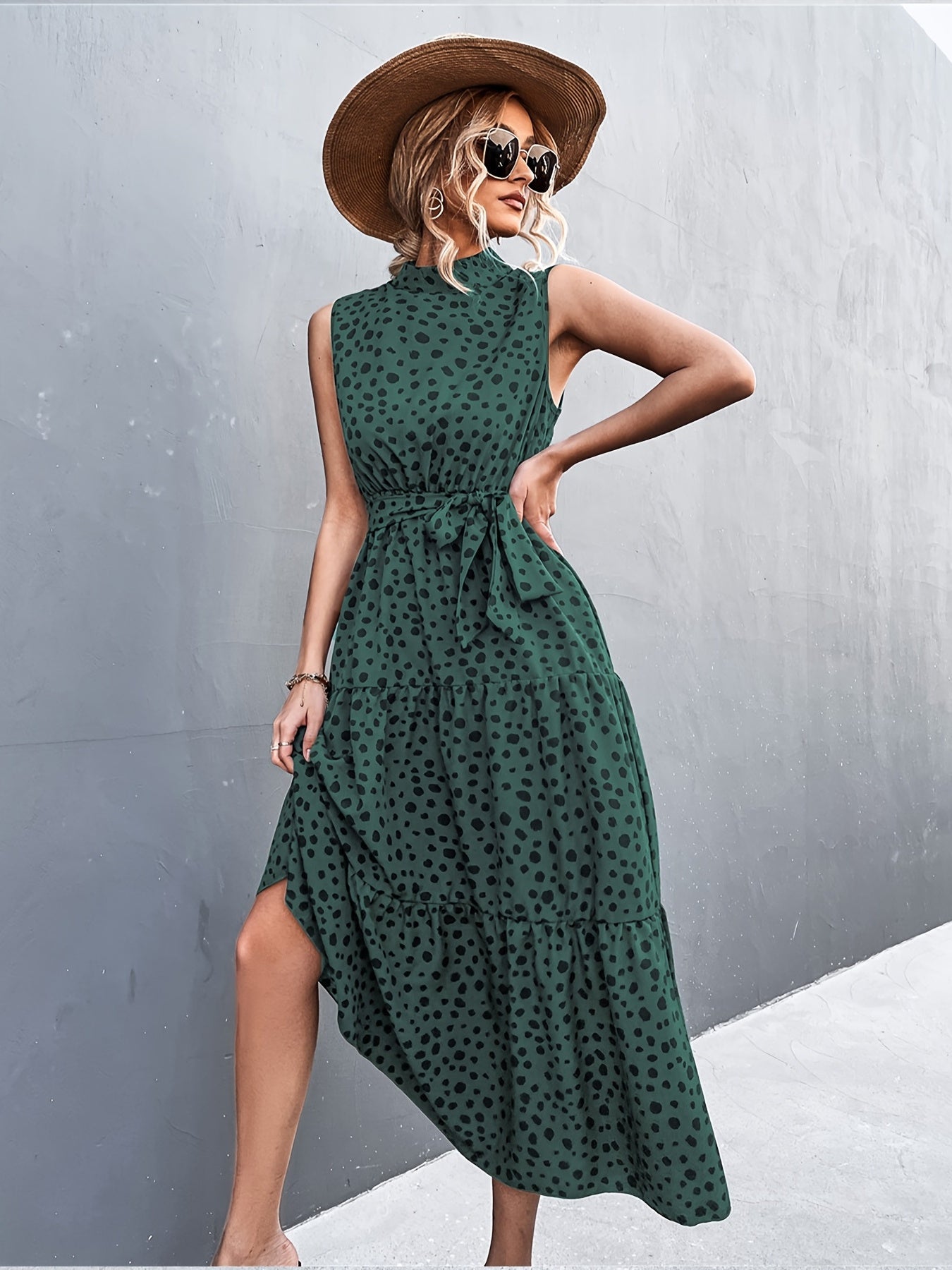Elegant Lace Up Midi Dress Dot Tie Print Sleeveless High Neck Belt Waist Summer Maxi Dresses
