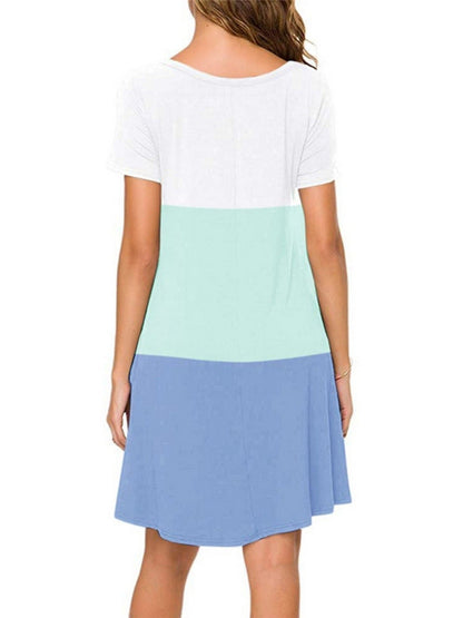 Women's Short Sleeve Crew Neck Swing Dress Color Block Summer Loose Casual A-line T-Shirt Dress