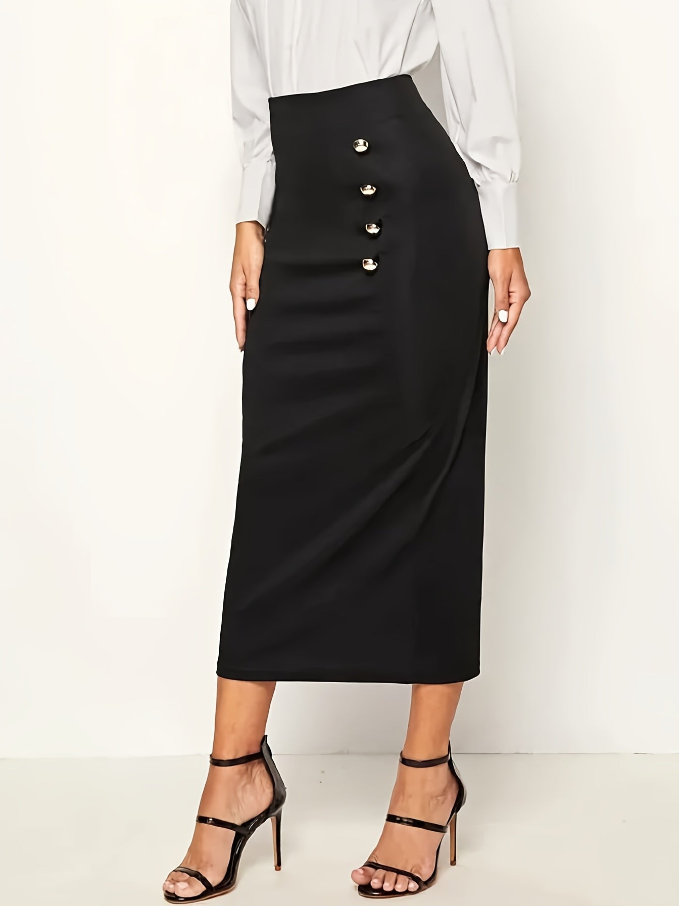 Button Front High Waist Maxi Elegant Slim Solid Work Office Skirts