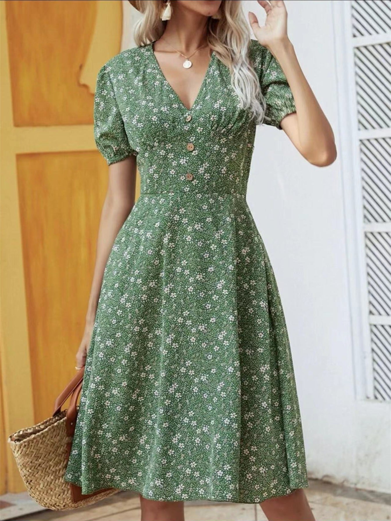 Women's Short Puff Sleeve V Neck Dress Button Front Floral A Line Midi Dresses