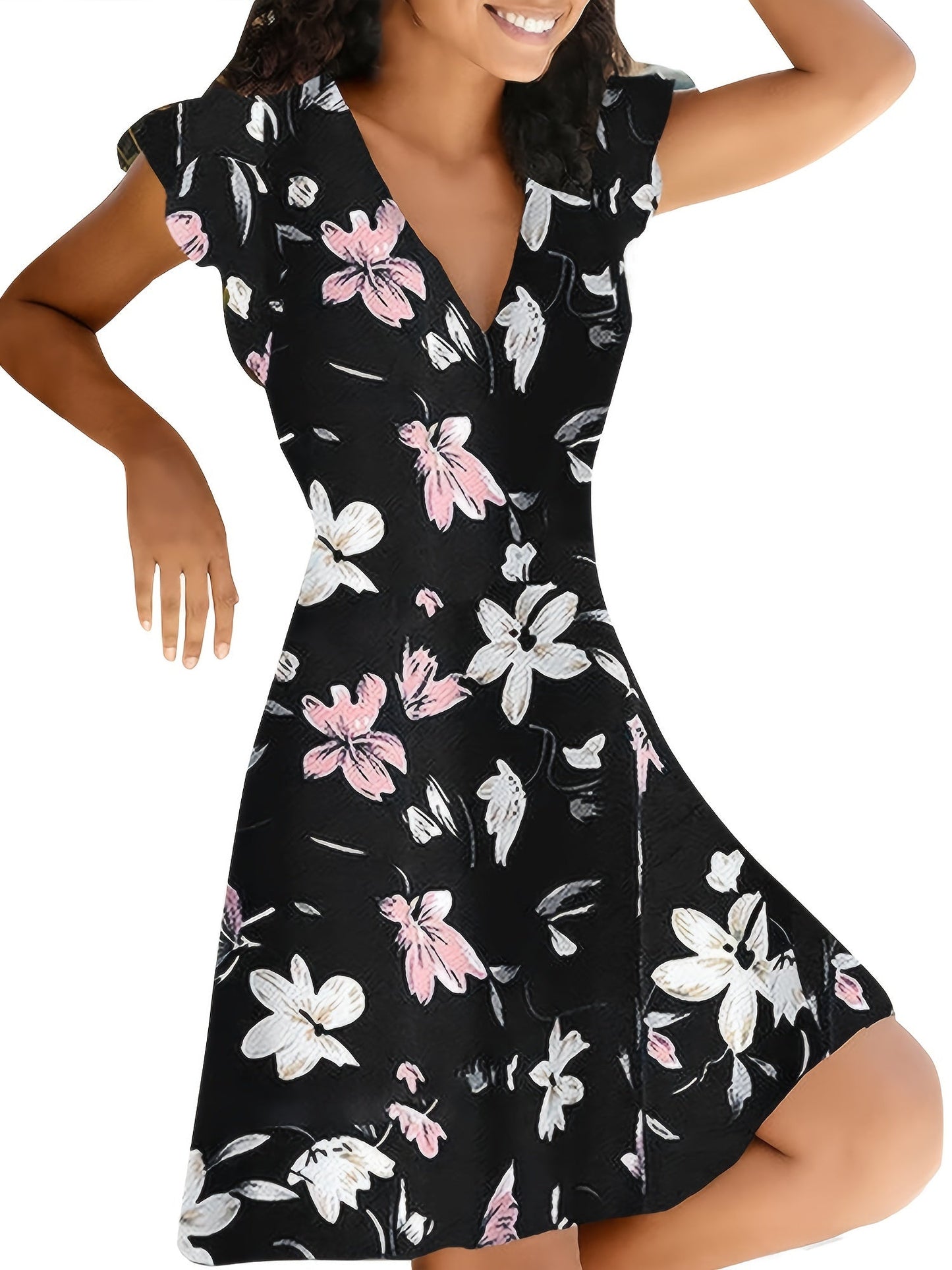 Floral Print V Neck Slim Short Sleeve Casual Every Day Dress For Fall Spring
