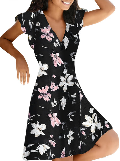 Floral Print V Neck Slim Short Sleeve Casual Every Day Dress For Fall Spring