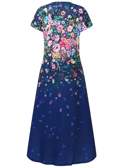 Casual Short Sleeve Crew Neck Floral Print Pocket Dress