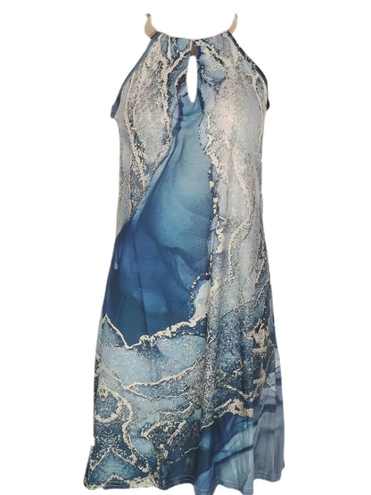 Gold Marble Print Ocean Wave Halter Neck Elegant Beach Sleeveless Loose Vacation Dress