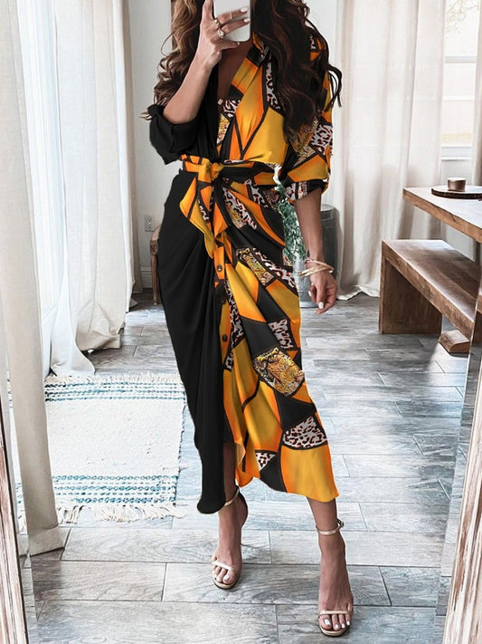 Women's Dresses Casual Elegant Long Sleeve V Neck Button Print Fashion Loose Dresses
