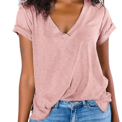 V Neck Side Slit Casual Loose Short Sleeve Fashion Summer T-Shirts Tops
