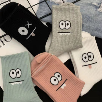 5 Pairs Cute Expression Print Comfy Funny All-match Mid Tube Socks
