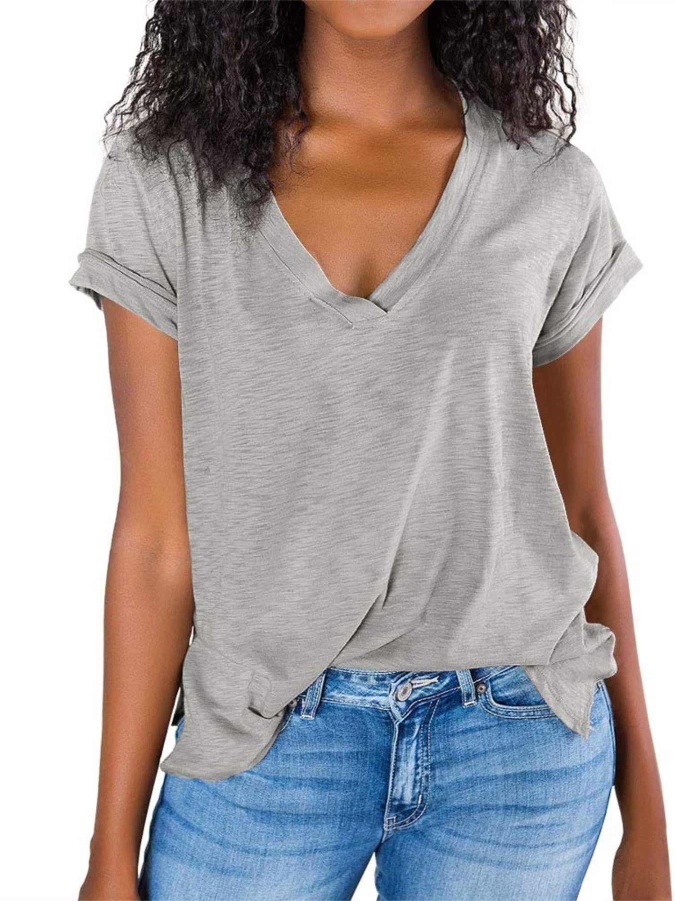 V Neck Side Slit Casual Loose Short Sleeve Fashion Summer T-Shirts Tops