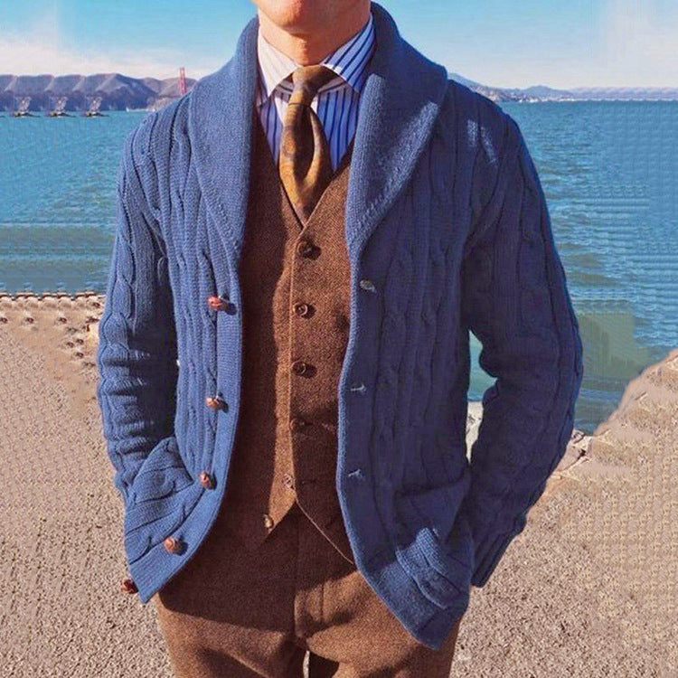 Men's new autumn and winter men's slim long sleeve knit jacket lapel collar blue cardigan jacket sweater
