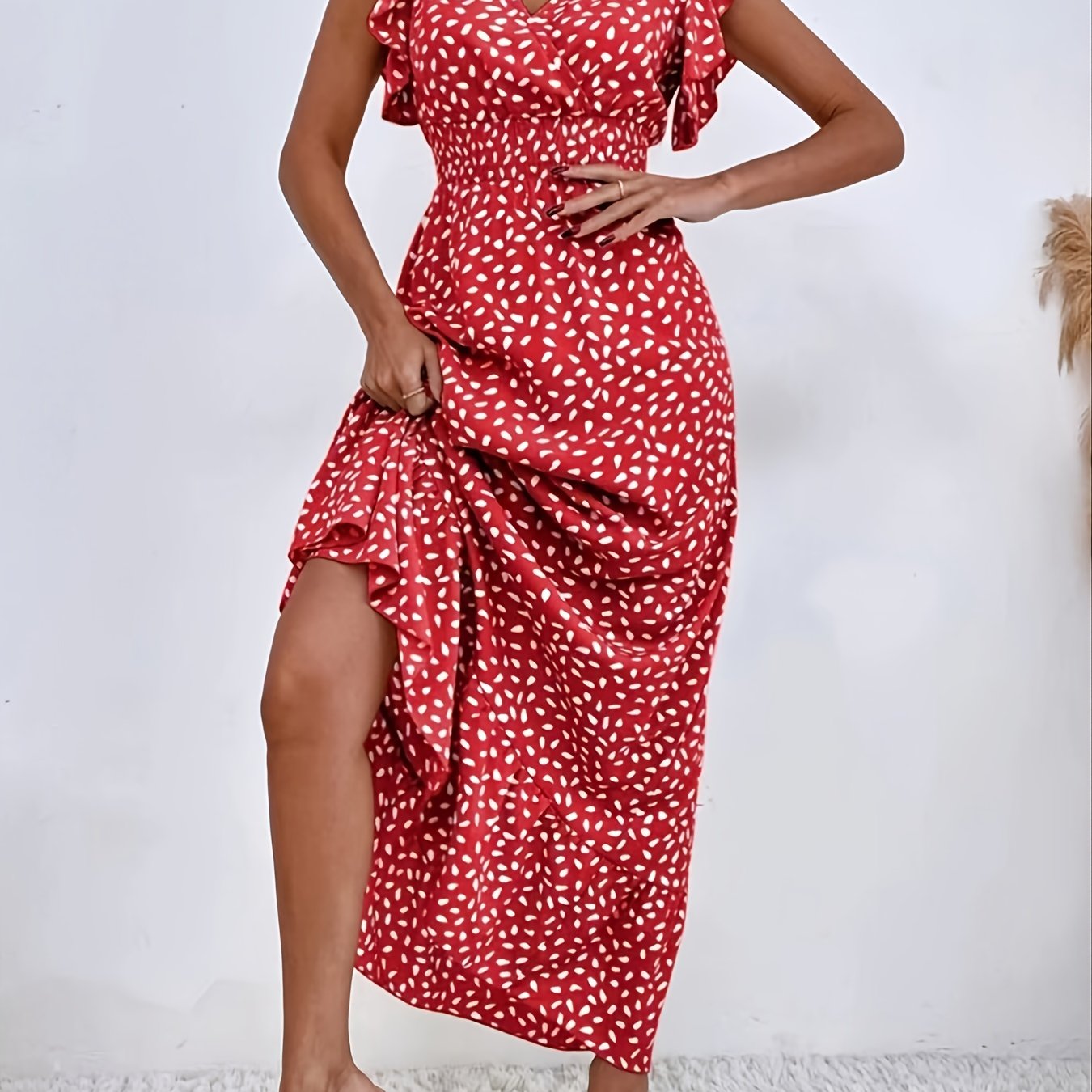 Elegant Shirred Ruffle A-Line Maxi Dress with Printed Cap Sleeves and Wrap V-Neck Waist - Women's Summer Long Dress