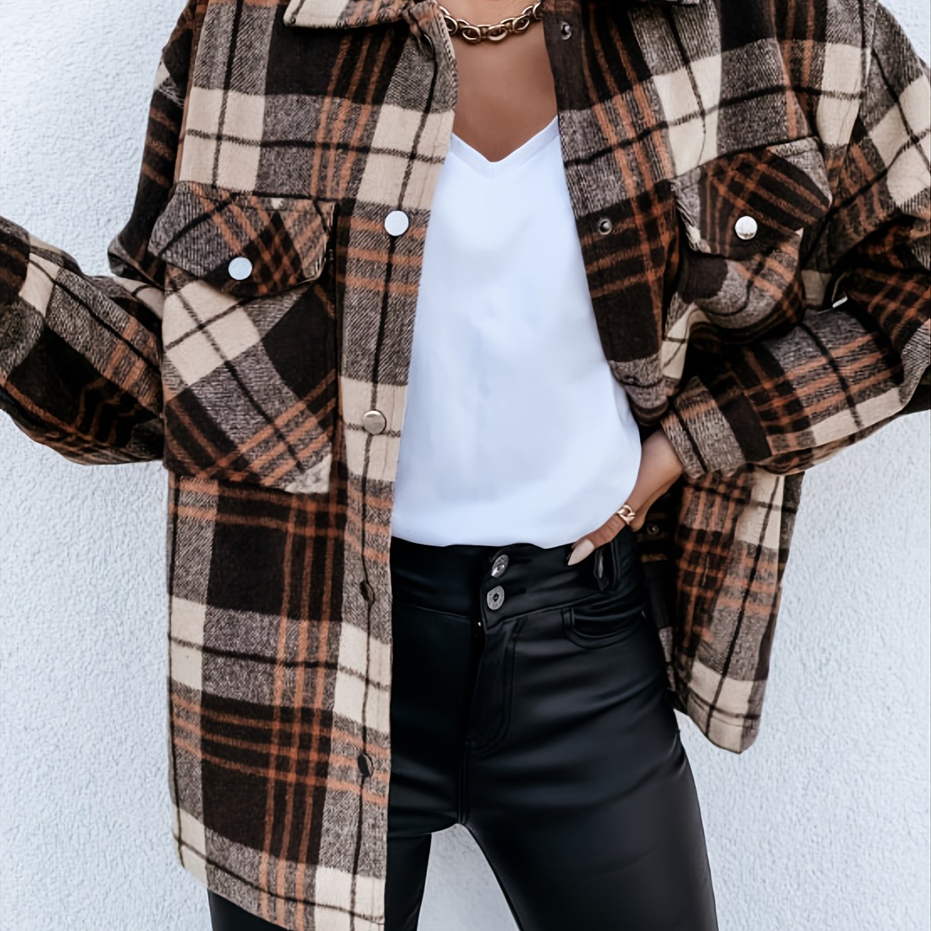 Brown Plaid Shirt Long Sleeve Loose Casual Plaid Jacket