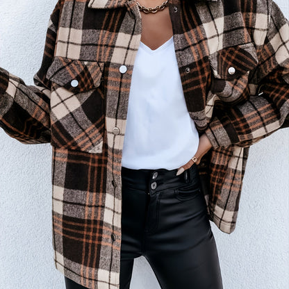 Brown Plaid Shirt Long Sleeve Loose Casual Plaid Jacket