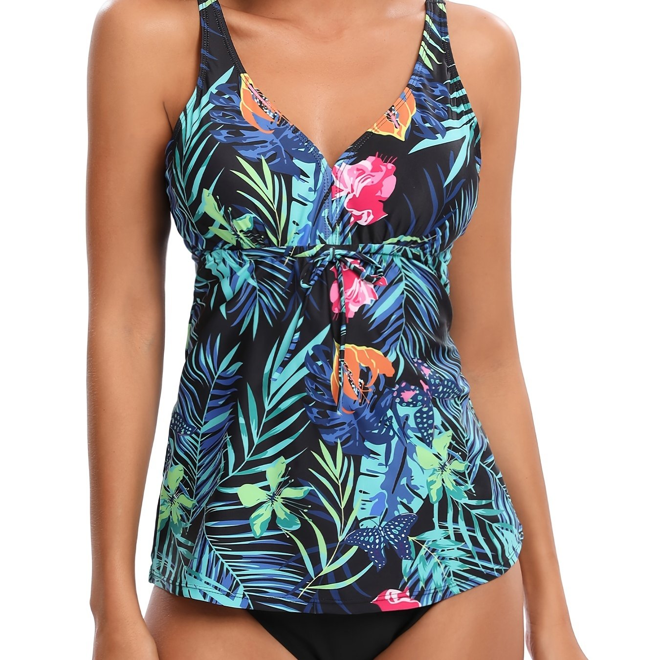Random Print V Neck Tankini Sets Tie Front Stretchy Casual Beachwear High Cut 2 Pieces Swimsuit