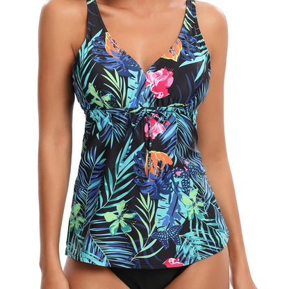 Random Print V Neck Tankini Sets Tie Front Stretchy Casual Beachwear High Cut 2 Pieces Swimsuit