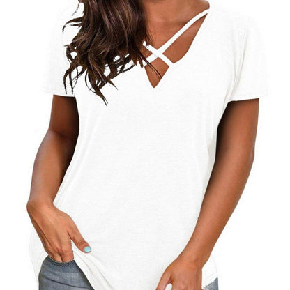 Short Sleeve V-Neck Top Summer Cross Casual Loose Cotton T-Shirt