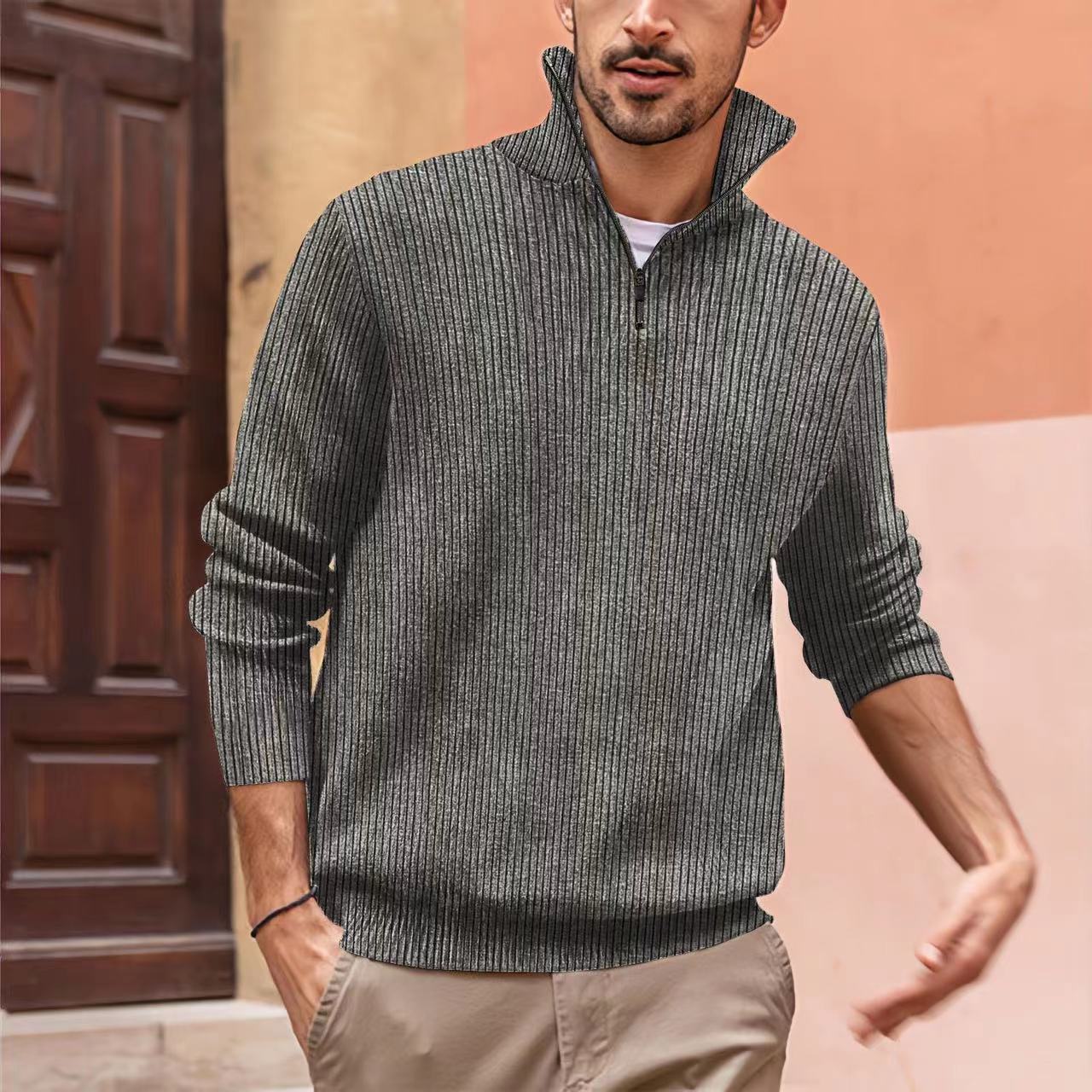 Men's new casual fashion zipper standing collar bottom sweater