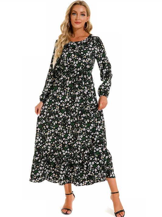 Bohemian Flowy Ruffle Long Casual Floral Print Long Sleeve Crew Neck Waist Long Dresses