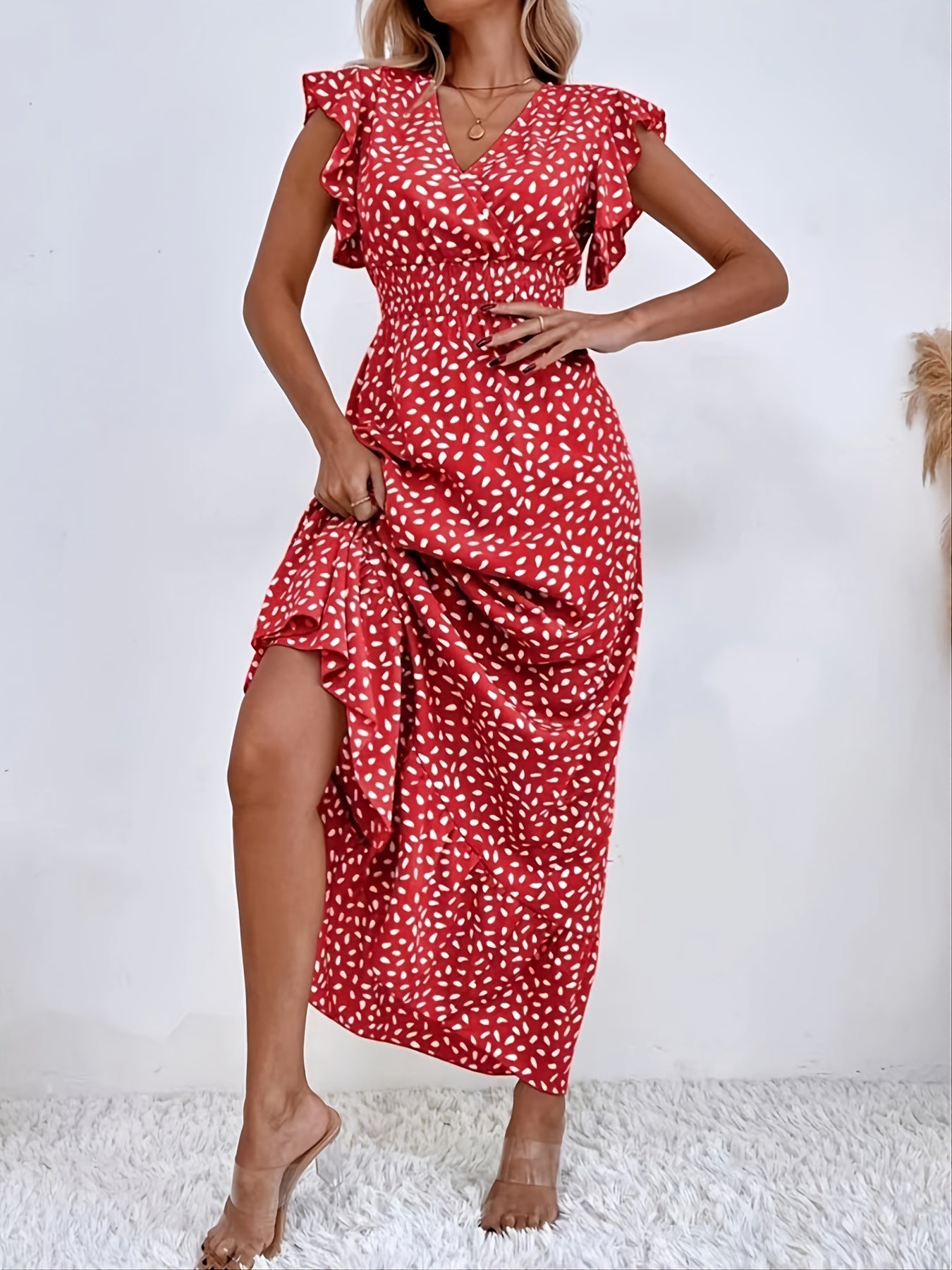 Elegant Shirred Ruffle A-Line Maxi Dress with Printed Cap Sleeves and Wrap V-Neck Waist - Women's Summer Long Dress