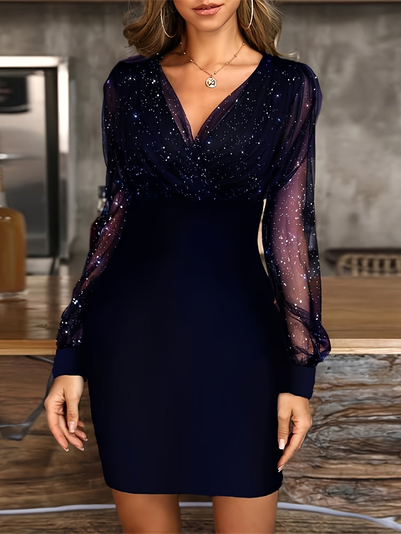 Solid Sequin Stitching Lace Long Sleeve Elegant Mesh Slim Sexy Party Dress
