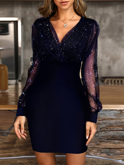 Solid Sequin Stitching Lace Long Sleeve Elegant Mesh Slim Sexy Party Dress