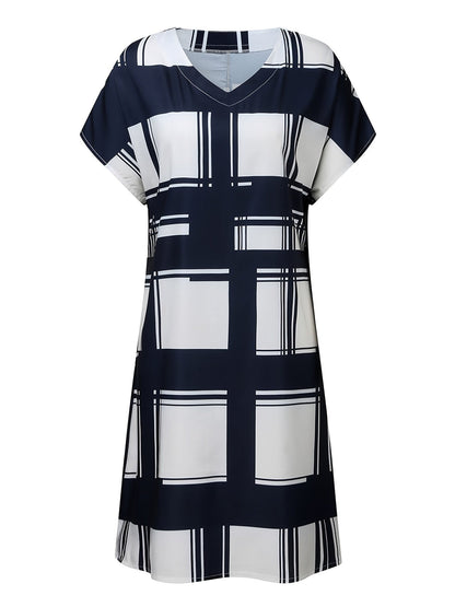 Casual Geometric Print Short Sleeve V-neck Loose Fashion Summer Dresses