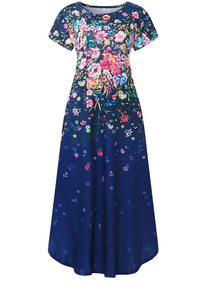 Casual Short Sleeve Crew Neck Floral Print Pocket Dress