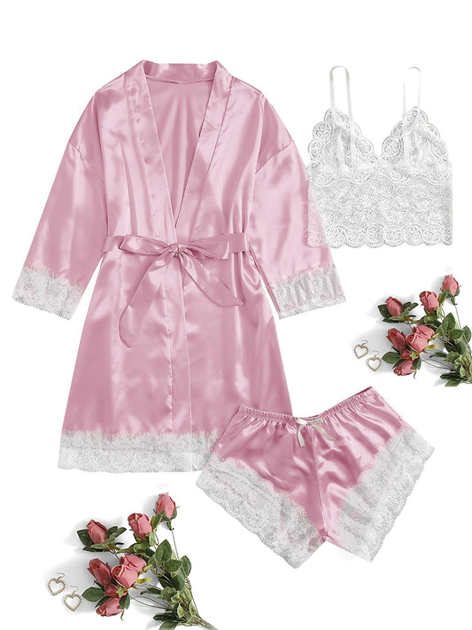 3 Piece Lace Trim Solid Satin Pajamas Set Long Sleeve Short Robe  V Neck Cami Top  Lounge Shorts