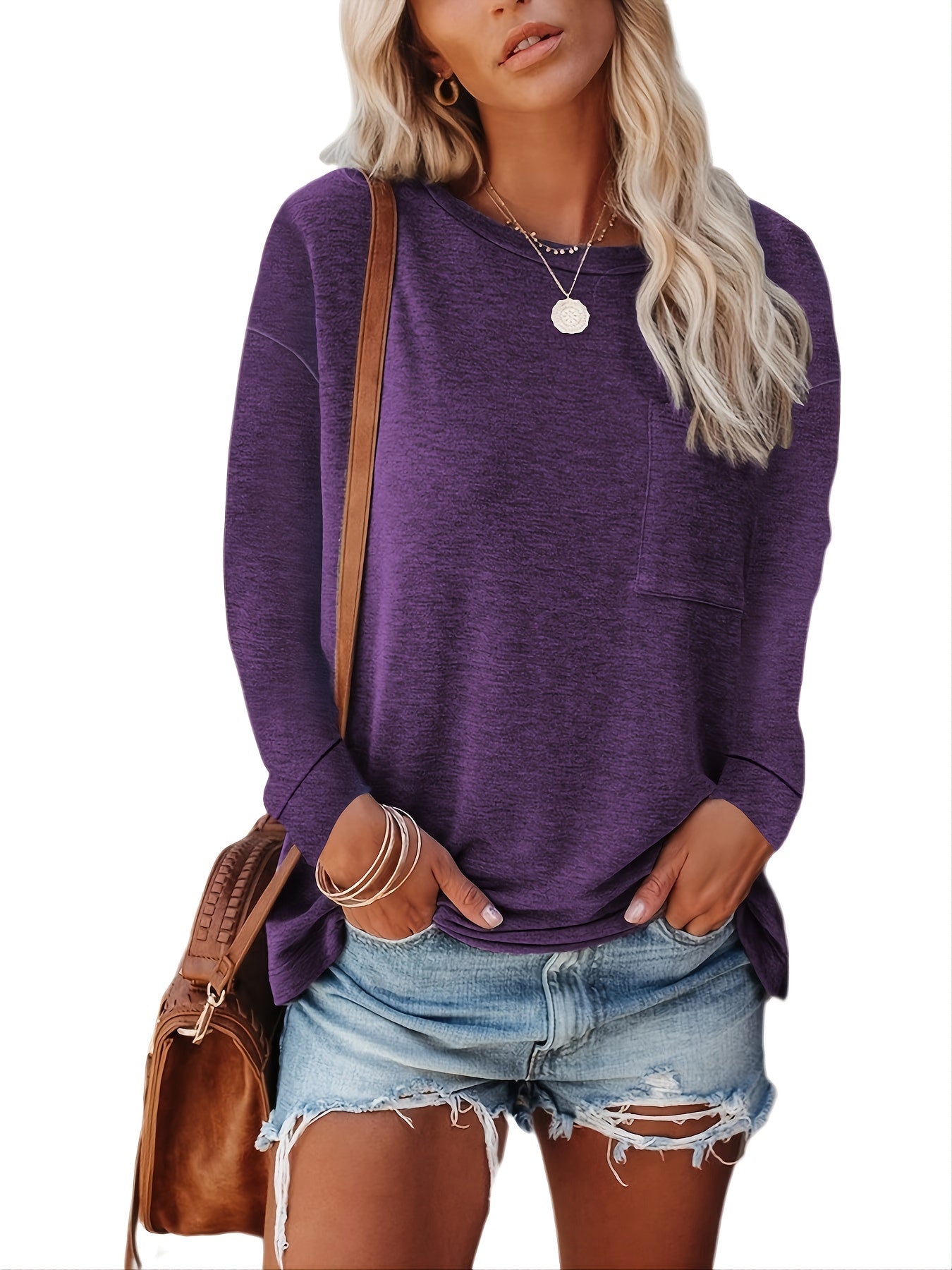 Basic Loose Solid Casual Long Sleeve Crew Neck Every Day Tops