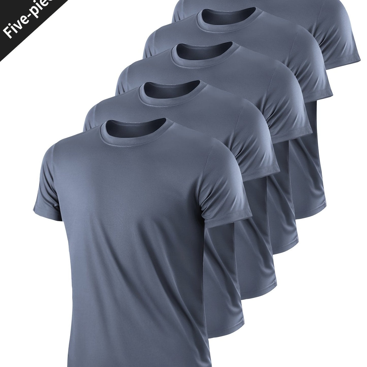 5pcs Men's Solid Color Crew Neck T-Shirt, Breathable Quick Drying Sweat Absorbing Sport Bodybuilding Shirt