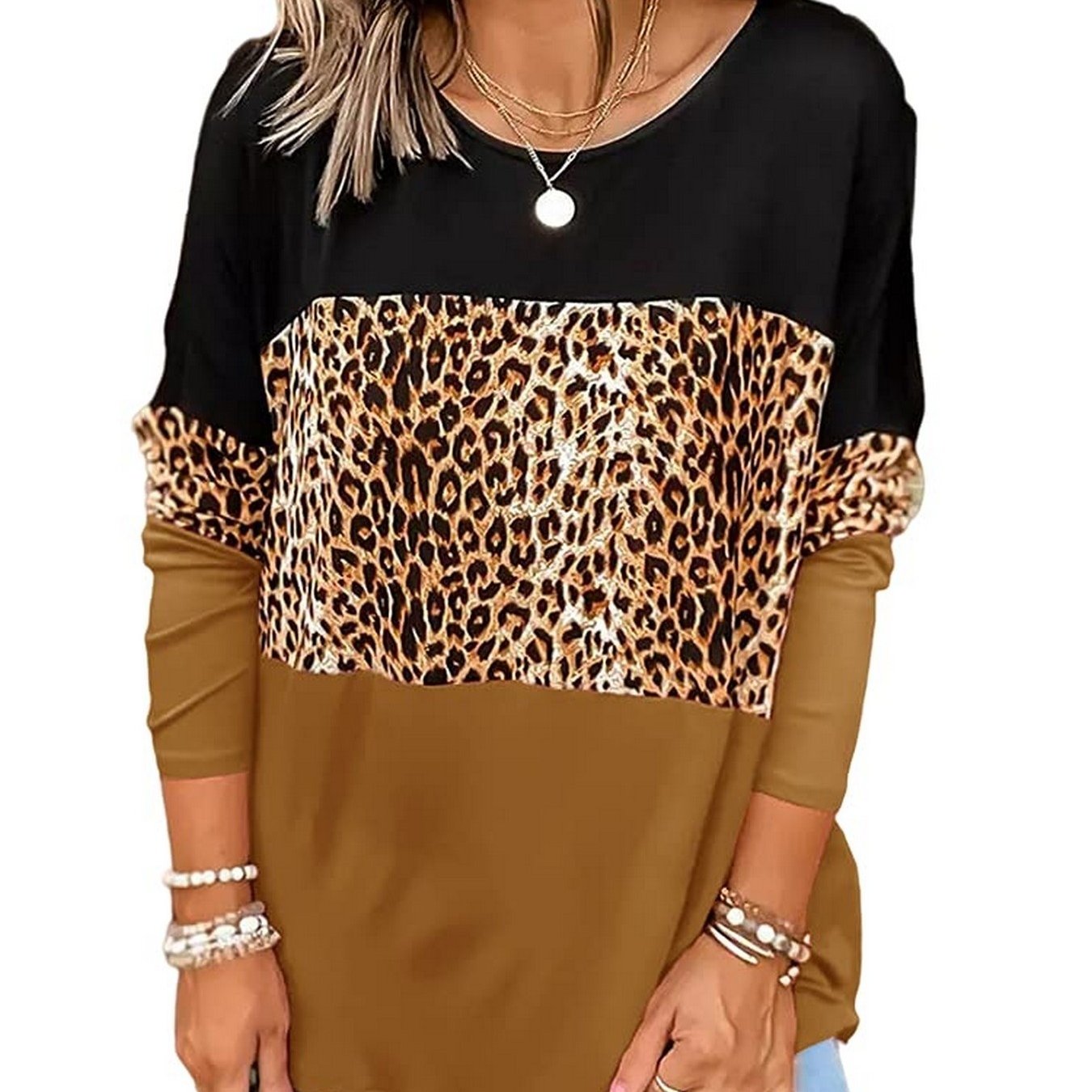Casual Loose Leopard Round Neck Long Sleeve Color Block T-Shirt