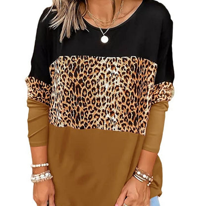 Casual Loose Leopard Round Neck Long Sleeve Color Block T-Shirt