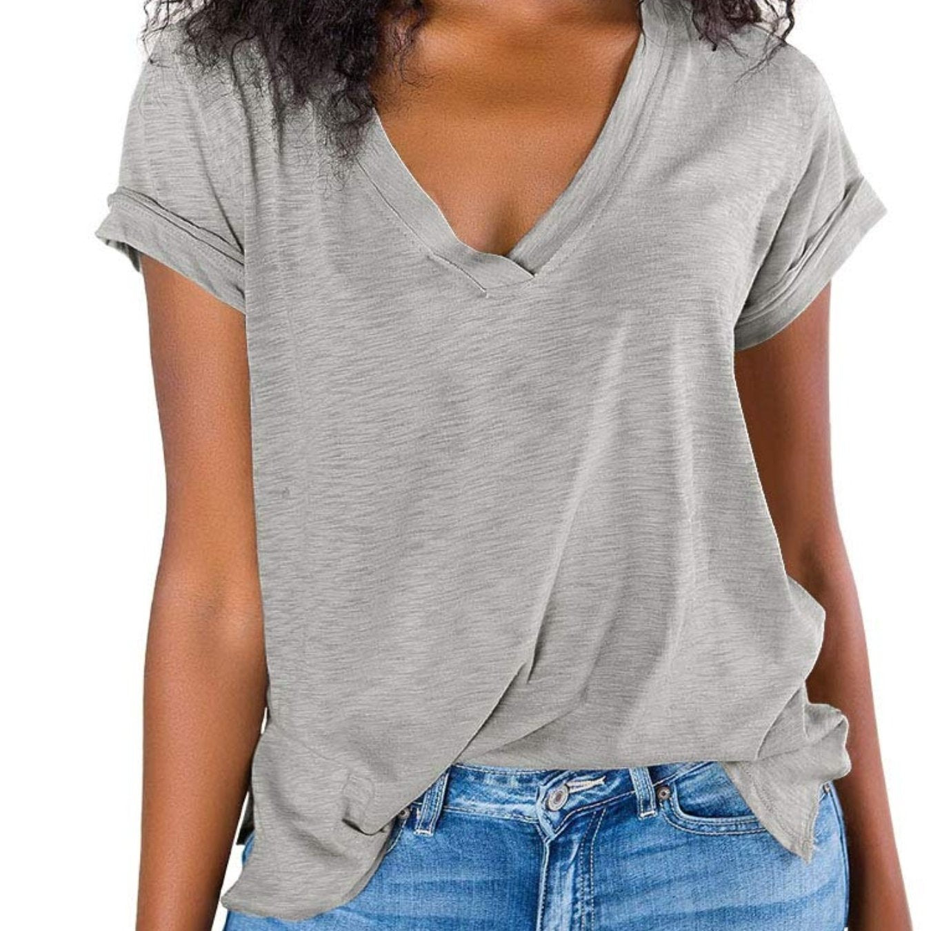 V Neck Side Slit Casual Loose Short Sleeve Fashion Summer T-Shirts Tops