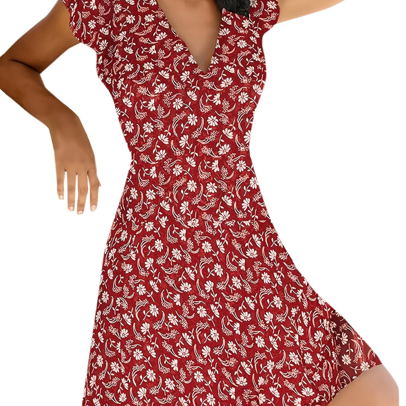 Floral Print V Neck Slim Short Sleeve Casual Every Day Dress For Fall Spring