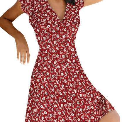 Floral Print V Neck Slim Short Sleeve Casual Every Day Dress For Fall Spring