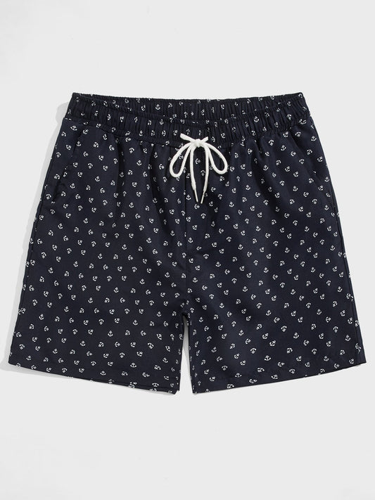 Men's Ship Anchor Print Beach Drawstring Shorts